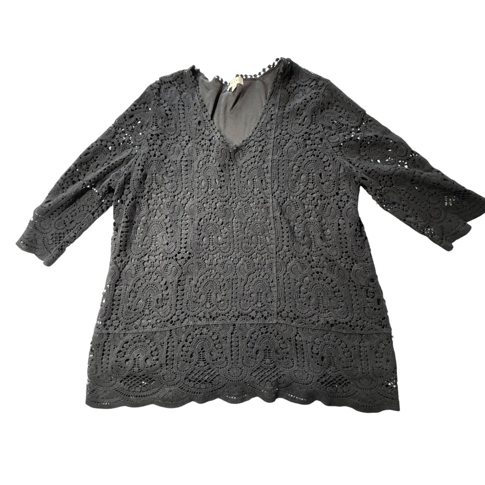 Adiva Lace Crochet Top Womens 3X Black Paisley V-Neck Scalloped Boho Romantic